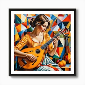 Woman Playing Mandolin Cubism Style Art Print