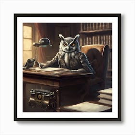 An owl dressed as a screenwriter sits at a desk Art Print