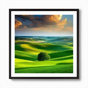 Green Hills With A Tree Art Print