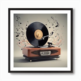 A Vintage Style Record Player With Vinyl Records Spinning And Musical Notes Floating In The Air Art Print