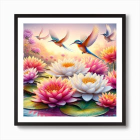 Water Lilies And Birds Art Print