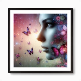 Portrait Of A Woman With Butterflies Art Print