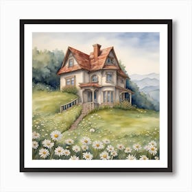 Watercolor House With Daisies 1 Art Print