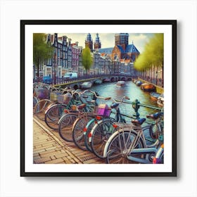 Bicycles Lined Up Along An Amsterdam Bridge In A Charming Digital Illustration, Style Digital Painting 3 Art Print