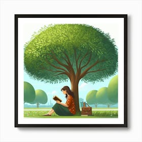 Girl Reading A Book Under A Tree 1 Art Print