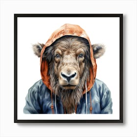 Watercolour Cartoon Wildebeest In A Hoodie Art Print