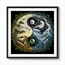 Yin And Yang Symbol With Natural Elements Representing Balance And Harmony Art Print