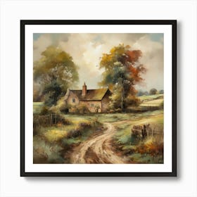 The old British countryside, a work of wall art dating back to 1960, with all its details and colours. The farm is an old oil painting in faded oil colours.2 1 Art Print