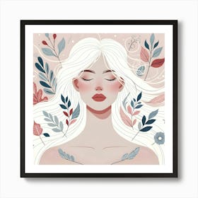 Beautiful Woman With Flowers And Leaves Art Print