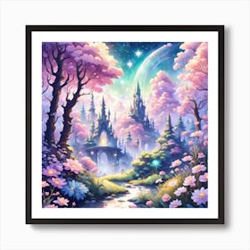 A Fantasy Forest With Twinkling Stars In Pastel Tone Square Composition 356 Art Print