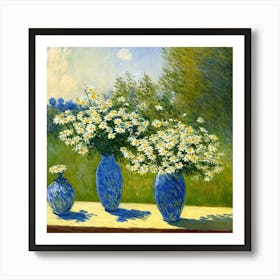 Three Blue Vases With Daisies Monet Art Print