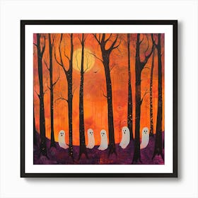 Ghosts In The Woods Orange Halloween Trees Art Print