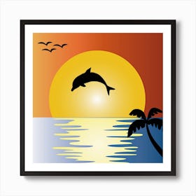 Ocean Sunset Dolphin Palm Tree Art Print