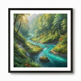 A stunning landscape painting featuring a crystal clear river winding through a lush forest, with vibrant colors and intricate details. Art Print