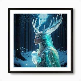 Firefly Firefly, Robotic, Whimsical, Teal, Deer, Ceramic, Metal, Robot, Body, Features, Ice, Forest, (1) Art Print