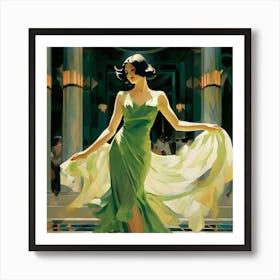 Dancing Elegant Lady In Green Dress Art Print