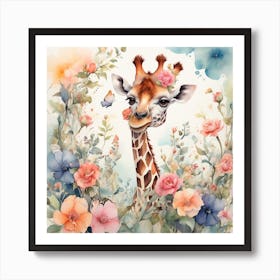 Giraffe With Flowers Art Print