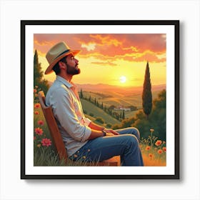 Charming Italian Man In Watercolor, Relaxed Under A Tuscan Sunset Sky Art Print