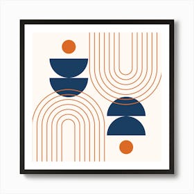 Modern Mid Century Sun, Moon Phases and Rainbow Abstract 17 in Navy Blue and Burnt Orange Art Print