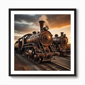 Steam Locomotives At Sunset Created using Imagine AI Art Art Print