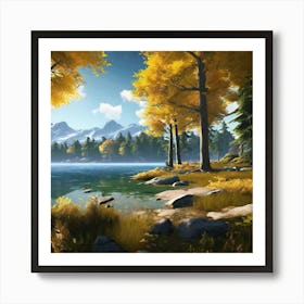 Green And Yellow Trees Rustic Landscape Near A Lake In Ice Age 8k Art Print