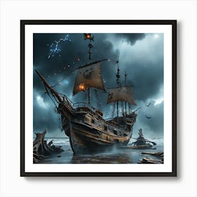 Pirate Ship In Stormy Sea Art Print