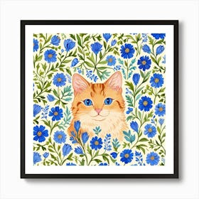 Orange Tabby Cat In Blue Flowers Art Print