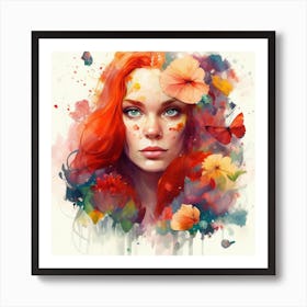 Watercolor Floral Red Hair Woman #5 Art Print
