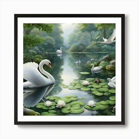 Swans In The Pond 5 Art Print