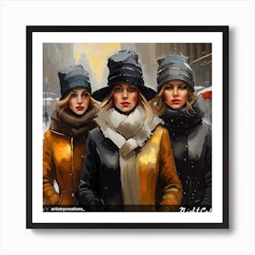 Three Women In Winter Coats Art Print