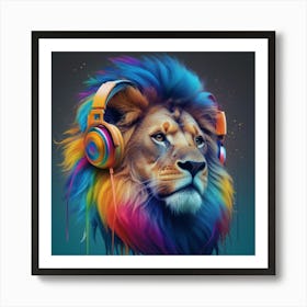 Lion With Headphones Póster