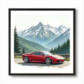 Sports Car Under A Picturesque Mountain Range, Watercolor Painting 1 Art Print