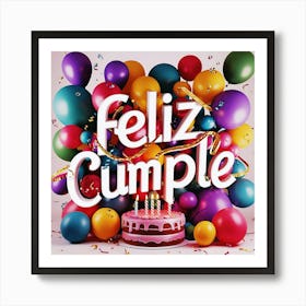 Feliz cumple and Feliz cumpleaños sign means Happy Birthday in Spanish language, Birthday party celebration gift with birthday cake candle colorful balloons best congratulation over light background wall artFeliz Cumple 37 Art Print