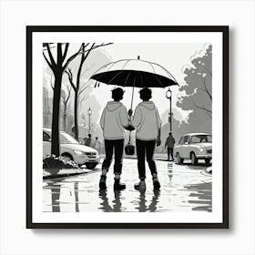 Two People Holding Umbrellas In The Rain Poster