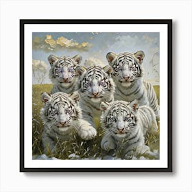 5 Beautiful Snow White Tiger Cubs All Got Big Pale Blue Eyes Looking At Camera Beautiful Sunny Day Art Print