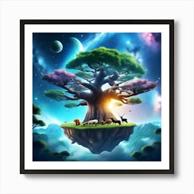 Galaxy Sky Big Tree Realistic Atmosphere Flying Island Many Animals Gathered Around The Big Tree 723378696 (1) Art Print