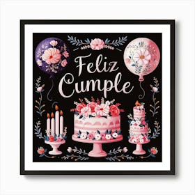 Feliz cumple and Feliz cumpleaños sign means Happy Birthday in Spanish language, Birthday party celebration gift with birthday cake candle colorful balloons best congratulation over light background wall artFeliz Cumple 25 Poster