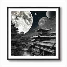 Moon Over Chinese Village Art Print