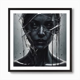 Pale Woman Face Behind Shattered Glass Art Print