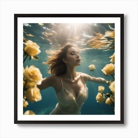 Tyndall Effect, A Beautiful Women Lies Underwater In Front Of Pale Yellow Roses ,Sunbeams In The Sty Art Print