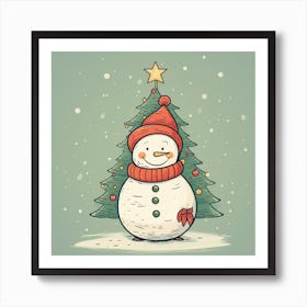 Snowman With Christmas Tree Art Print