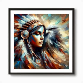 Native American Indian Woman With Hawk Art Print