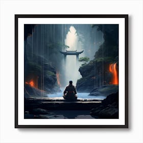 Myeera Ninja Samurai Meditating In A Terrarium Cave Waterfalls 2 Art Print