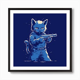 Blue Cat With Gun Art Print