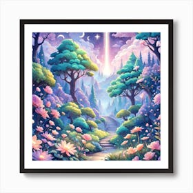 A Fantasy Forest With Twinkling Stars In Pastel Tone Square Composition 44 Art Print