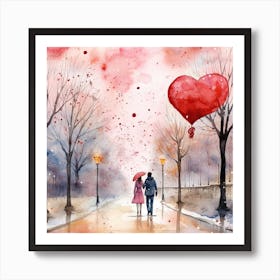 Couple Walking Down The Street With Red Balloon Art Print