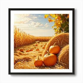 Autumn Harvest Scene Featuring Oversized Pumpkins Nestled Among Stalks Of Sunlit Corn Bales Of Hay (3) Art Print