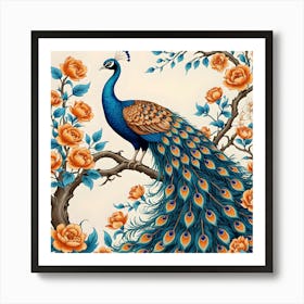 Peacock Ebetween Blue and Orange Flowers Art Print