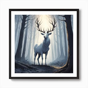 A White Stag In A Fog Forest In Minimalist Style Square Composition 73 Art Print