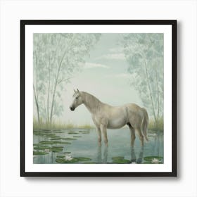 White Horse In Pond Art Print